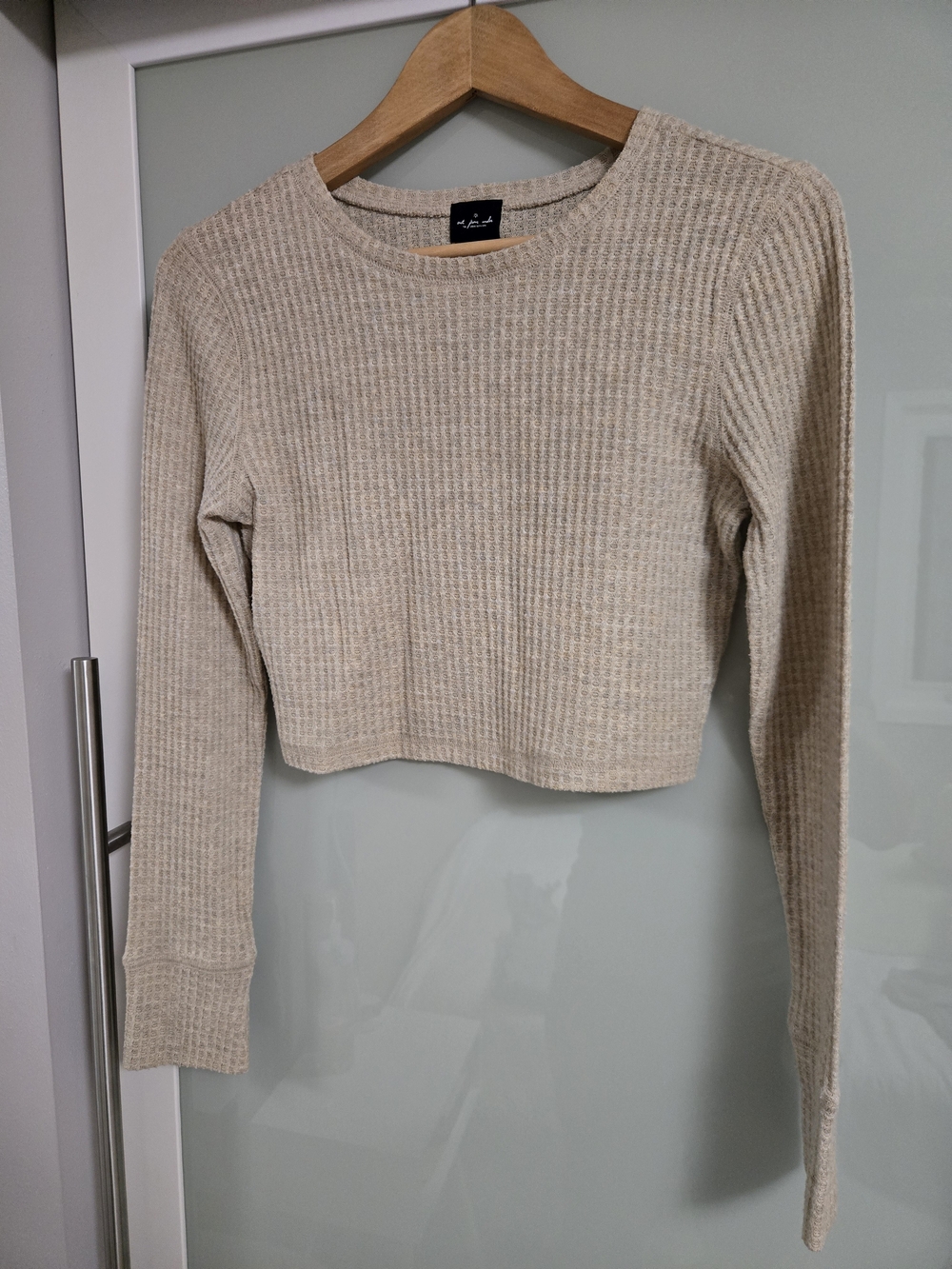 Urban Outfitters Cream Beige Waffle Long-Sleeve Crop Top
